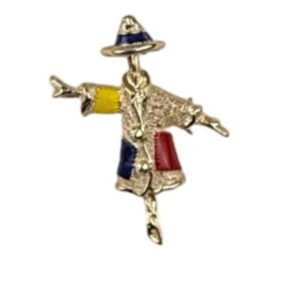 Sarah Coventry Gold Tone Enamel Scarecrow Brooch Pin Red Blue Yellow - Picture 4 of 6